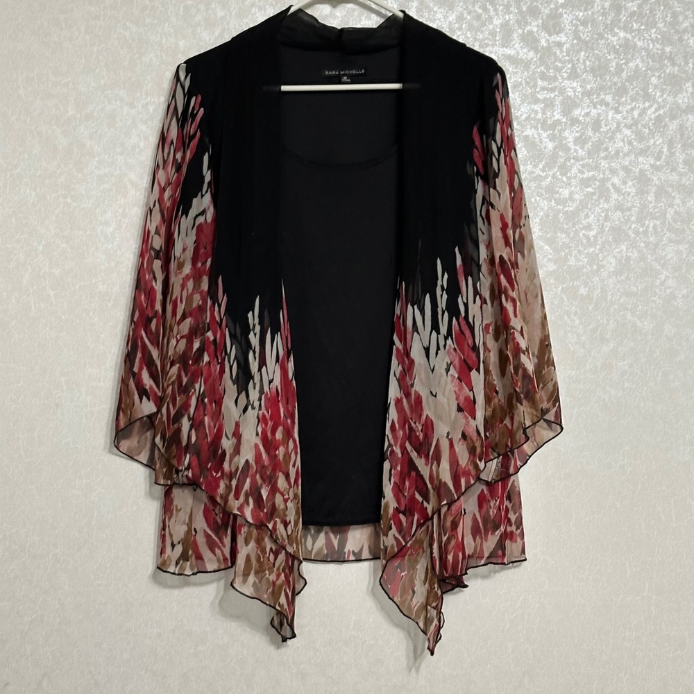 Sara Michelle Open Front Layered Look Chiffon Cardigan‎ Abstract Print Black 1X